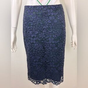 Tory Burch Size 2 Green Navy Lace Pencil Skirt Scalloped Embroidered Floral Slit